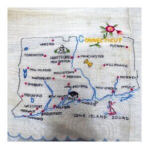 Vintage Connecticut Souvenir Handkerchief Embroidered State Cities Scalloped SEE